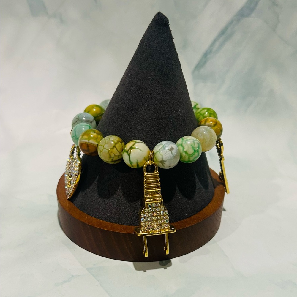 Green Agate Charm Stretch Bracelet Stack With Gol… - image 3